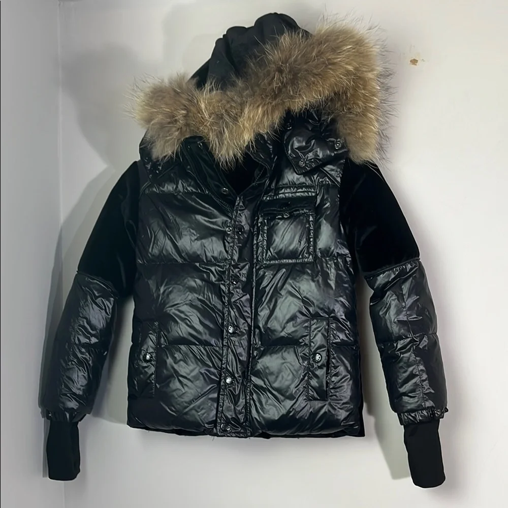 Manteau jr duck down puffer coat reversible velvet, raccoon fur hood